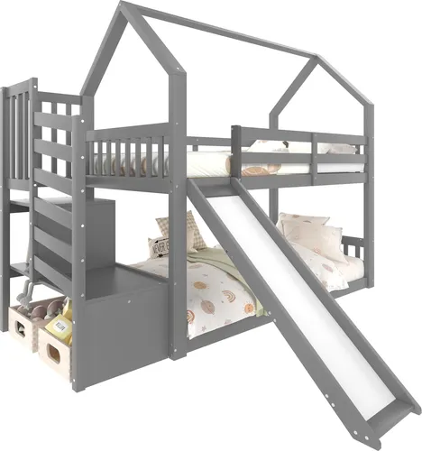 Etagenbett mit Rausfallschutz und Lattenrost, 90x200 cm, Kinderbett aus Kiefer - Praktisches Etagenbett für zwei Kinder mit stabiler Konstruktion aus Kieferholz. Mit Rausfallschutz und Treppe für sicheres Spielen und Schlafen. Ideal für kleine Räume und kreative Gestaltung.