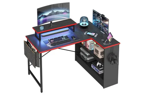Bestier Computertisch Schreibtisch mit RGB-Beleuchtung und Halterungen (107x80x89cm Reversibler Gamingtisch mit Stauraum, Monitorständer), Eckschreibtisch Breite 107 cm