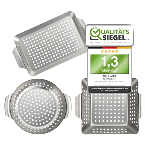HEIMWERT Premium Edelstahl Grillkorb 3er Set - Vielseitiges Grillschalen Set - Grillkörbe für perfektes Röstaroma - Ideal für Fleisch, Fisch und Gemüse, TÜV SÜD zertifiziert und extrem robust für viele Grillsaisons.
