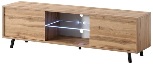 Fernsehkommode TV-Lowboard mit LED-Beleuchtung - Modernes TV-Lowboard in hellem Holz, 140 cm breit, mit 2 Regalfächern und 2 Türen. Ideal für Ihr Wohnzimmer, bietet stilvollen Stauraum und einzigartige LED-Beleuchtung.