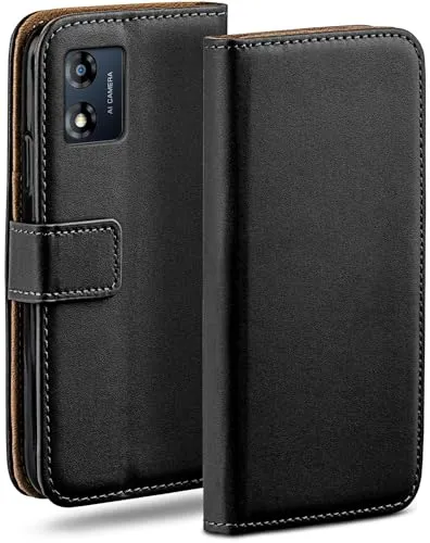 Produktbild moex Book Case für Motorola Moto E13 Handyhülle mit Kartenfach, Hülle klappbar 360 Grad Schutzhülle, Klapphülle Flip Case Cover, PU Leder Handytasche Lederhülle, Schwarz