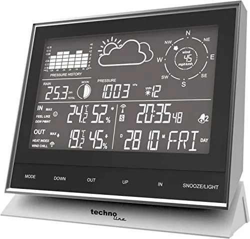 Technoline WS 1700 Wetterstation - Wetterstation mit DCF-77 Funkuhr und umfassenden Wetterdaten, inklusive Temperaturalarm und verschiedenen Sensoren für präzise Messungen.