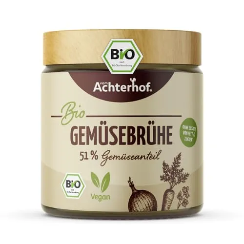 Gemüsebrühe Bio | salzarm mit nur 1 Gramm Salz | 51% Gemüseanteil | ökologische Bio-Qualität | ohne Geschmacksverstärker, Hefe-Extrakt und Glutamat | keinerlei künstliche Zusatzstoffe | vom Achterhof