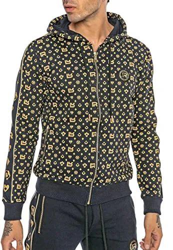Redbridge Designer Hoodie – Bedruckter Zip-Hoodie mit Kapuze und Allover-Muster – Streetwear Sweatjacke mit Reißverschluss im Luxus-Stil Blau XXL