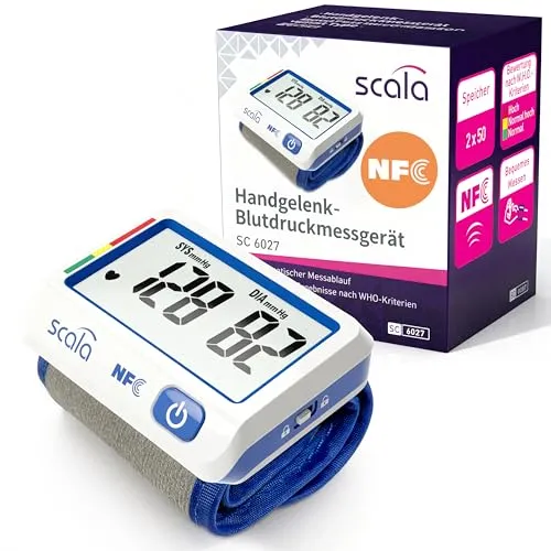 scala SC 6027 NFC Handgelenk Blutdruckmessgerät Blau – Smart Datentransfer per App & Wiederaufladbarer Li-Po Akku – XXL Display, 2 Nutzer Speicher & Raumtemperatur