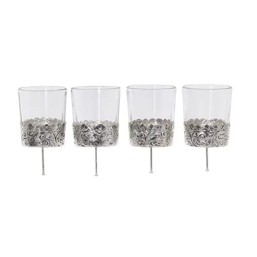 Loberon Windlicht 4er Set Pinelle, Teelichthalter aus Glas, mit Ornamenten, Advent, Weihnachtsdekoration, Weihnachten, Glas, Messing, klar/Silber