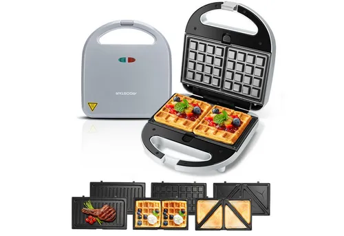 Aigostar 3-in-1-Kombi-Waffeleisen 750 W Sandwichmaker, 3 Austauschbare Platten, Beidseitiges Grillen, 750,00 W, Antihaftbeschichtet, Automatisches Thermostat, Wärmeisolierender Griff