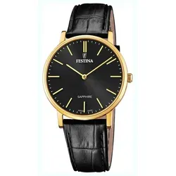 Festina Herren Uhr Swiss Made F20016/3 - Elegantes Lederarmband Schwarz - Herrenuhren mit hochwertigem Quarzwerk, Saphirglas und elegantem goldfarbenem Edelstahlgehäuse. Wasserdicht bis 5 ATM, ideal für jeden Anlass.