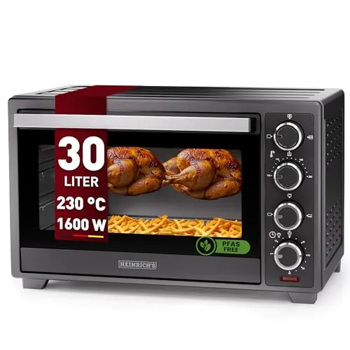 Heinrich´s Minibackofen mit Umluft 30L - Minibackofen mit 30L Volumen, 1600W Leistung und vielseitigem Zubehör – ideal für knusprige Snacks und Familiengerichte.