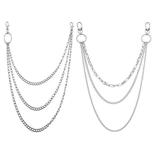 JKJF Punk Jeans Ketten Hip Hop Hosen Kette Mehrschichtige Taschenketten mit Karabinerverschluss und Schlüsselring für Frauen Männer Mädchen Jungen - 2 Stk Silber