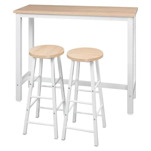 WOLTU Bartisch Set mit 2 Barhockern, 3-teilige Essgruppe mit Küchenstühlen, Esstisch & 2 Hockern aus Metall & Holz für Küchen Wohnzimmer, Hell Eiche