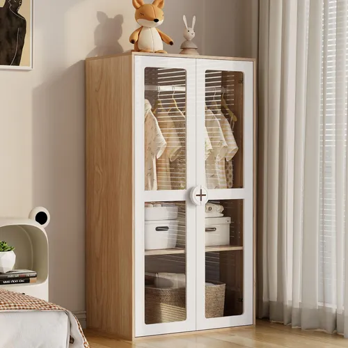 MODFU Flurgarderobe mit zweitüriger Glas-Tür und Kleiderstange,Kinderkleiderschrank mit Keks-Form-Holzgriffen und verschiebbaren Regalen,weiß+Holz
