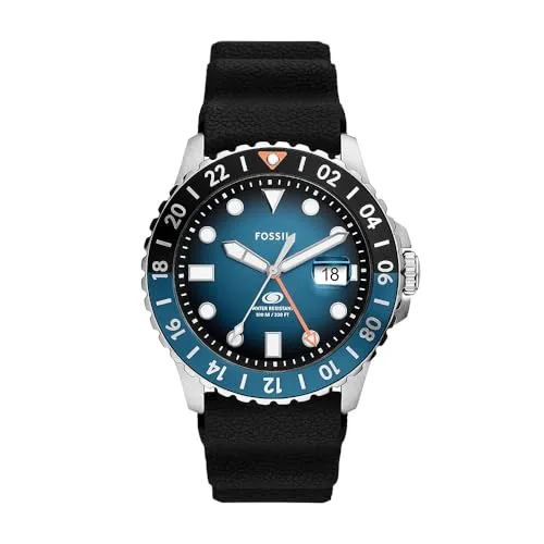 Fossil Blue Herren Uhr mit GMT Uhrwerk - Armbanduhren für Herren, wasserdicht bis 100 m und ideal für Schwimmen oder Schnorcheln, mit edlem Edelstahl- oder Lederarmband und stylish blauem Zifferblatt.