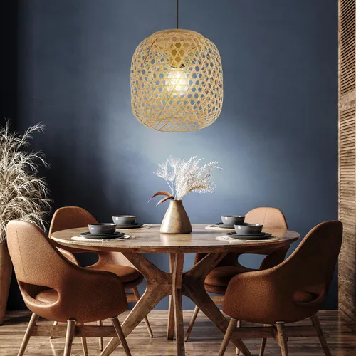 Pendelleuchte Bambus Boho Optik für Esstisch - Lampen aus naturfarbenem Bambus mit schwarzem Textilkabel, ideal für eine gemütliche Atmosphäre. Perfekt für nachhaltige LED-Leuchtmittel, Durchmesser 23 cm, Höhe 135 cm.