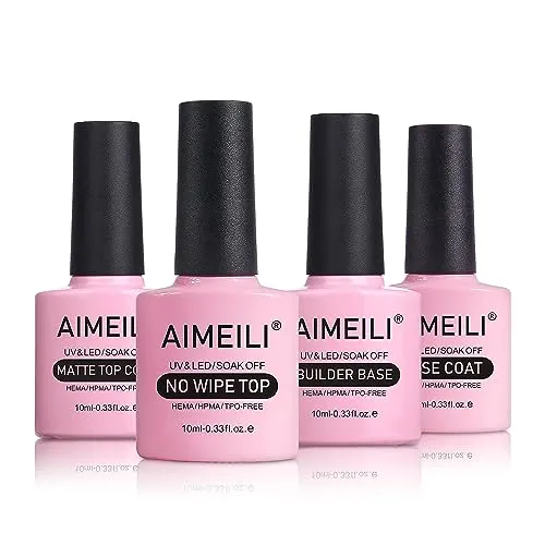 AIMEILI UV Nagellack Base und Top Coat Matt Top Coat Builder Base Gel Set, 4×10ml Gel Unterlack Und Überlack Matte Top Builder Nail Gel Nail Art Maniküre