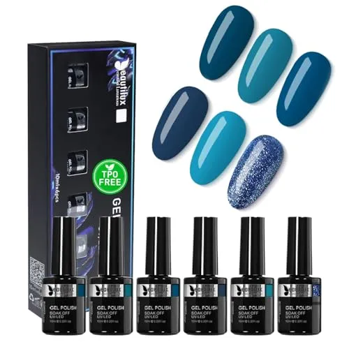 Beautilux HEMA-frei & TPO-frei Halbpermanenter Nagellack | 6 Blaue Töne Soak-Off UV-Gel 10ml – Nagelkunst-Set für Maniküre, Leicht Abnehmbar und Langlebig (YT-04)