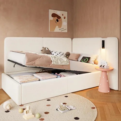 MODFU Polsterbett 90x200 cm mit Stauraum und USB-Anschlüssen