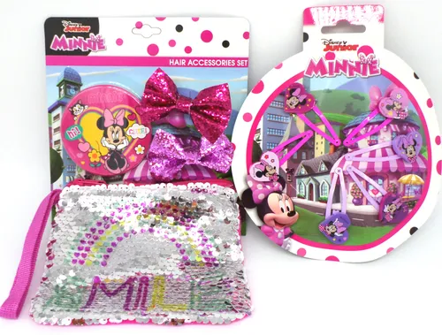 Disney Minnie Mouse Geschenkset Spiegel + Pailletten Geldbörse + 2 Schleifen + 6