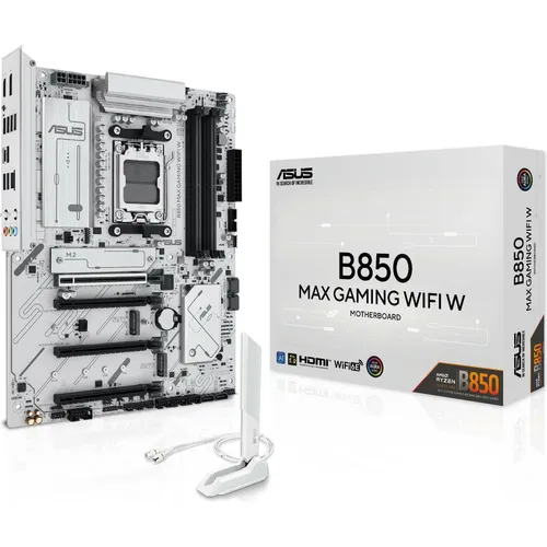 ASUS B850 MAX GAMING WIFI W Mainboard - Gaming Mainboard mit integrierter WiFi-Funktion für blitzschnelle Internetverbindungen und optimierte Performance in Spielen.