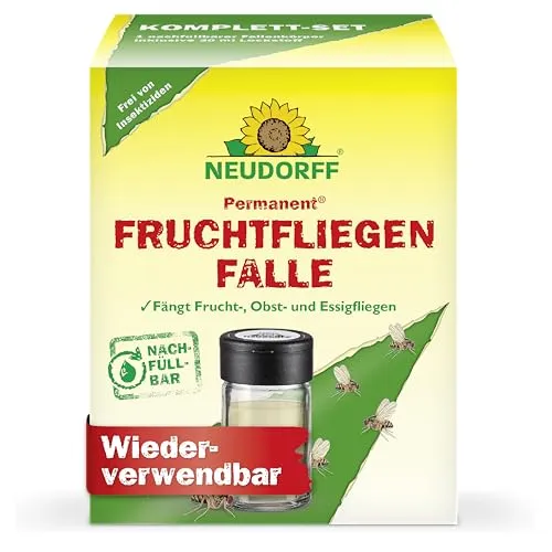 Neudorff Permanent FruchtfliegenFalle – Beseitigt zuverlässig Frucht-, Obst- und Essigfliegen im Haus und Garten. Nachfüllbar und insektizidfrei, 1 Set