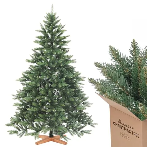Salcar Premium Weihnachtsbaum Künstlich XL 210 cm Nordmanntanne Tannenbaum mit Holzständer und Klappsystem