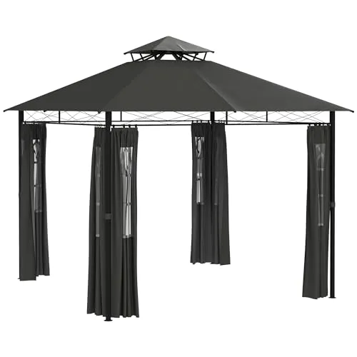 Outsunny Pavillon 3x3 m - Wetterfestes Gartenzelt mit Doppeldach - Geräumiger Pavillon für Balkon und Terrasse, mit zweistöckigem Dach für bessere Luftzirkulation und Schutz vor Wind und Sonne. Ideal für gesellige Stunden im Freien.