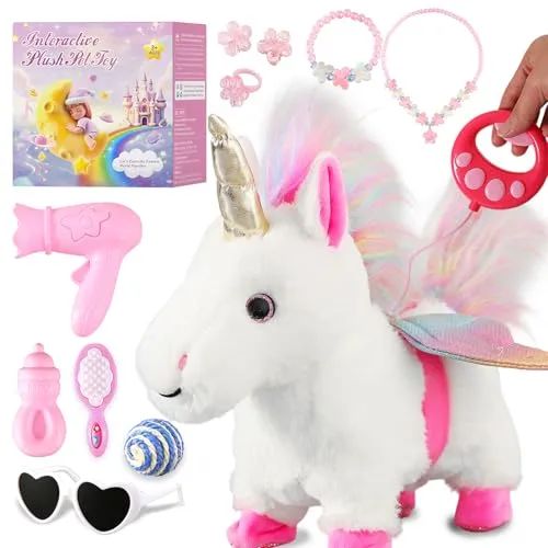 Marsjoy Weißes laufendes Einhorn-Spielzeugset, singendes, tanzendes elektronisches Plüsch-Einhorn mit Leine, Touch-Steuerung, realistische Schritte, Nicken, Schwanzwedeln, so tun, als würde man sich v