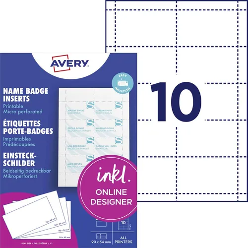 AVERY Inserts imprimables pour badges - 54 x 90 mm, weiß, microperforiert für Laser- und Tintenstrahldrucker, 200 Stück auf 20 A4-Blättern