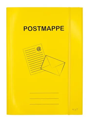 K3T Postmappe DIN A4 aus stabilem Karton, Farbe gelb, mit breitem Gummizug und 3 Innenklappen