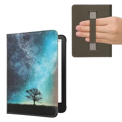 kwmobile Klapphülle kompatibel mit Amazon Kindle Paperwhite (2024)/Colorsoft Hülle - Flipcase für den eReader mit Handschlaufe - Galaxie Baum Wiese Blau Grau Schwarz