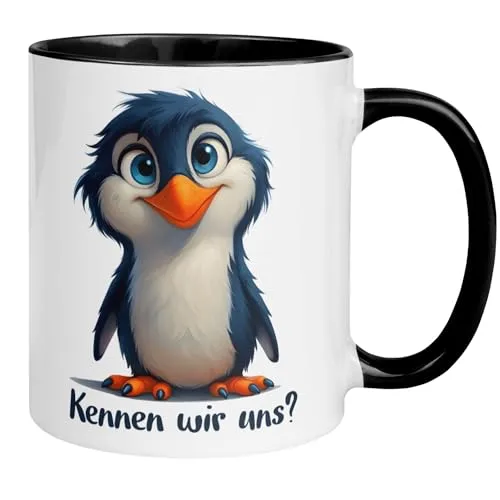 Pinguin Geschenk Tasse | Kennen wir uns | Lustiger Kaffee Becher mit Pinguinen