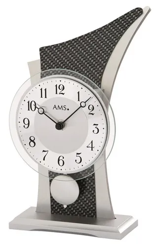 AMS Tischuhr - Elegante Zeitmessung - Tischuhr mit geschwungenem Holzgehäuse und Carbon-Aluminium-Applikationen, Quartz-Pendelwerk für präzise Zeitmessung und stilvolles Design.