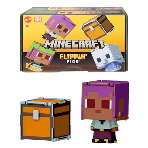 Mattel Minecraft Flippin’ Figs 2er-Pack, 2 maßstabsgetreue, ca. 9 cm große Actionfiguren mit großen Köpfen und 2-in-1-Spielfigur, Efe/Segelboot und Delfin/Schatztruhe, JCY31
