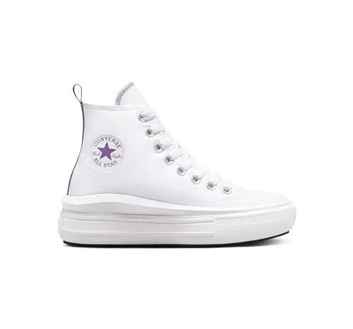 Converse All Star Move Hi A03667C – Weiße und lila Junior Sneakers - Sneaker für Jugendliche mit klobiger Plateau-Sohle für zusätzlichen Komfort und Dämpfung. Ideal für Schule und Freizeit, vereinen sie klassischen Stil mit modernem Look.