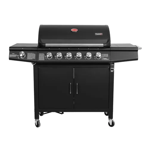 TAINO RED 6+1 Gasgrill - Vielseitiger Grillwagen mit Edelstahl-Brenner - Grills von TAINO RED 6+1 - 6 Edelstahl-Hauptbrenner und 1 Seitenbrenner für perfektes Grillen. Ideal für Balkon und Terrasse, inklusive Grillspieß-Auflage und praktischen Seitentischen.