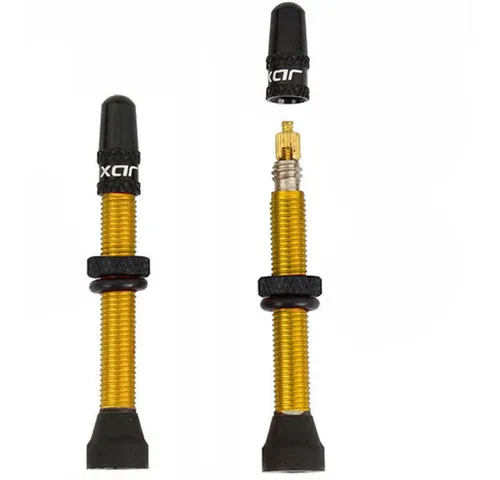 Fasi Tubeless Ventil 45mm aus Aluminium, gold, Paar - Hochwertige 45mm Tubeless-Ventile aus Aluminium mit herausnehmbarem Ventileinsatz. Universell passend für die meisten Felgen, ideal für zuverlässigen Einsatz beim Radfahren.