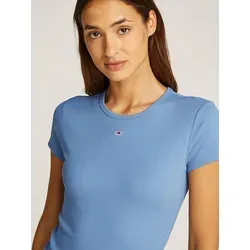 Tommy Jeans Damen T-Shirt Kurzarm Essential Rib Slim Fit, Blau - T-Shirts für Damen: Bequemes Basic Shirt aus 95% regenerativer Baumwolle mit figurbetonter Passform, ideal für lässige Alltagslooks und elegante Outfits.