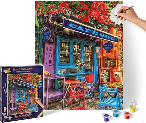 Schipper Malen-nach-Zahlen Premium: Buntes Café, 40 x 50 cm - Malen-nach-Zahlen Set für Erwachsene ab 14 Jahren mit 36 hochwertigen Acrylfarben, stabile Maltafel und Anleitung. Erleben Sie kreative Momente mit dem mediterranen Straßencafé-Motiv.