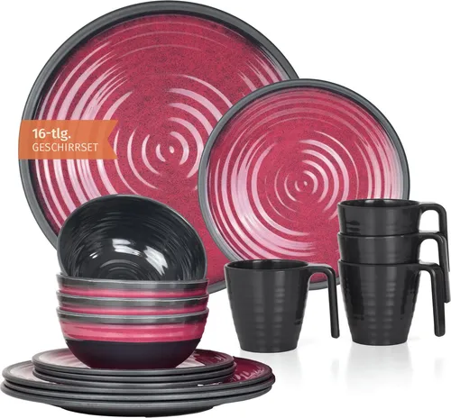 Melamin Camping Geschirr Set 4 Personen Stone Red + 4 Tassen Stone Kaffetassen Becher Tafelgeschirr Picknick BBQ Kochgeschirr