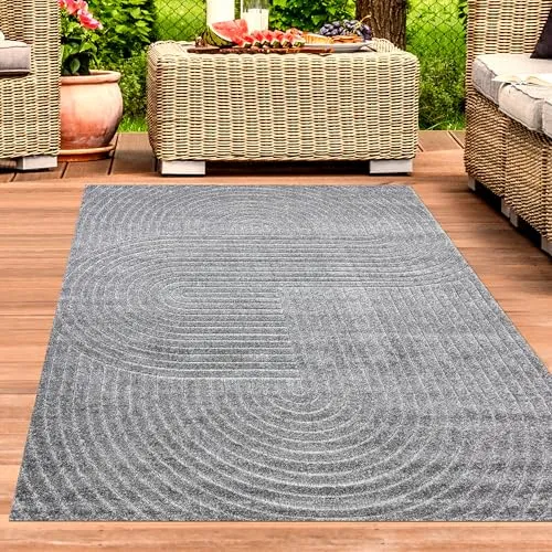 CARPETIA Wetterfester Teppich für In- und Outdoor - Boho Style Teppich in Anthrazit, 200 x 280 cm, ideal für Terrasse und Balkon, pflegeleicht und strapazierfähig für ganzjährigen Einsatz.
