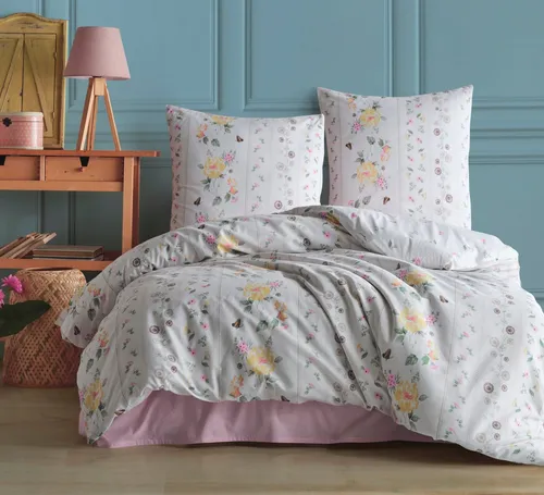 yadetextil Bettwäsche Bettwäsche 200x200 cm. 3 teilig set., Renforce, 3 teilig, weiß,100% Baumwolle/Renforcé bunt geblümt Kissenbezug 80x80 cm. Talva