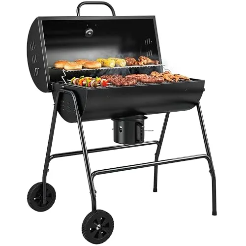 Outsunny Holzkohlegrill mit Deckel und Thermometer - Genießen Sie das Grillvergnügen mit dem Outsunny Holzkohlegrill! Ideal für 5-10 Personen, mit integrierten Thermometer und praktischen Rädern für einfachen Transport. Perfekt für BBQs auf der Terrasse oder beim Camping.