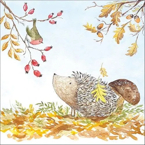 Servietten Forest Friends Herbstcomic Igel Vogel Tiere Blätter Beeren 33x33cm 20