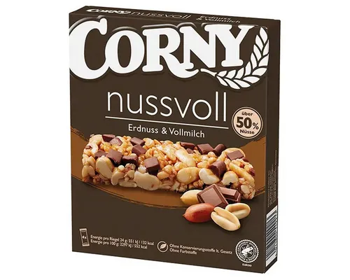 CORNY Nussvoll Erdnuss & Vollmilchschokolade Riegel 4x24g - Corny Nussvoll Erdnuss & Vollmilchschokolade Riegel 4x24g: Knackige Erdnüsse und zartschmelzende Vollmilchschokolade vereinen sich in diesem leckeren Snack. Ideal für den Energieschub unterwegs – ohne Farbstoffe und Konservierungsstoffe.