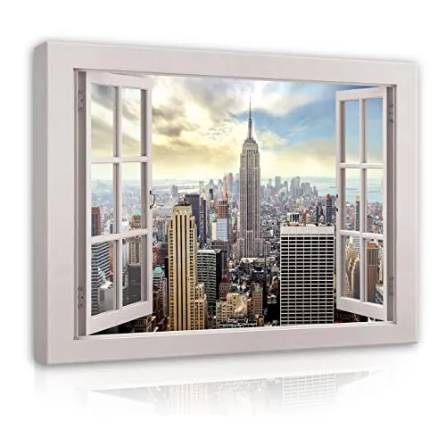WallArena - Leinwand Bilder - Fenster Fensterbilck New York Stadt - 100x75 cm Leinwandbilder - Bild auf leinwand - Wandbild XXL groß Wandbilder für Wohnzimmer Schlafzimmer Wohnzimmerbilder Modern