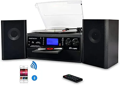 DIGITNOW! Bluetooth Viny Plattenspieler Plattenspieler für CD, Kassette, AM/FM Radio und Aux In, USB-Anschluss und SD-Codierung, Fernbedienung, mit eigenständigen Stereo-Lautsprechern