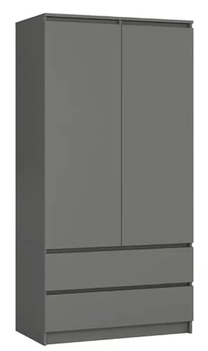 BDW Kleiderschränk 2 Türen, 4 Einlegeböden, Kleiderständer, 2 Schubladen, Garderobenständer, Schubladenschrank, Garderobenschrank für Schlafzimmer, Wohnräume, 180x90x51cm, (Grau)