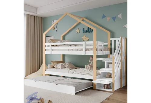 OKWISH Etagenbett Stauraumbett für Kinder mit Ausziehbarem Schiebebett - Platzsparendes Baumhausbett mit sicherer Absturzsicherung und praktischer Treppe mit Schubladen. Ideal für Schlafen und Spielen im Kinderzimmer. Robuste Konstruktion aus Massivholz für langlebigen Einsatz.