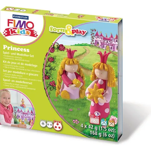 Staedtler 8034 06 LY Fimo kids form&play Set Princess (superweiche, ofenhärtende Knete, kinderleichte Anleitung, wiederverschließbare Box, Set mit 4 Fimo Blöcken, 1 Modellierstab und 1 Spielkulisse)