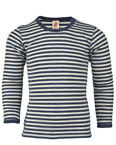 Engel Kinder Unterhemd Langarm, Wolle maschinenw Natur, 2 Farben, Gr. 92-176 (128, Blau Melange/Natur)